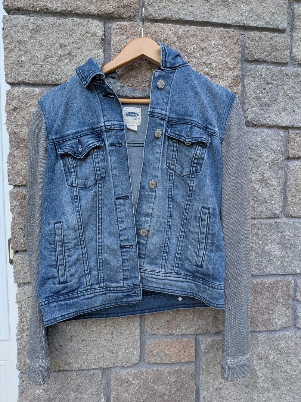 Old Navy Denim Jacket with Gray Knit Sleeves